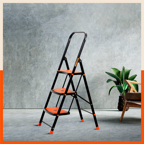Bathla Boost Rhino 3 - Step Foldable Steel Ladder for Home (Black + Orange)